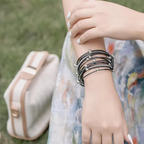 Miniatura 6 de FANCY SHINY Pulsera de cuero con cuentas bohemias, pulseras góticas apilables con cierre magnético
