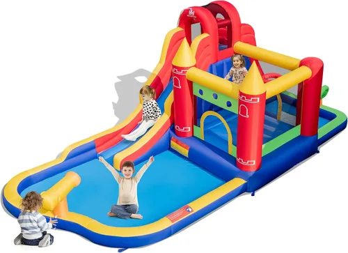 Miniatura 13 de BOUNTECH Tobogán acuático inflable, tobogán acuático para niños, casa de rebote en húmedo y seco, combo para diversión al aire libre con soplador