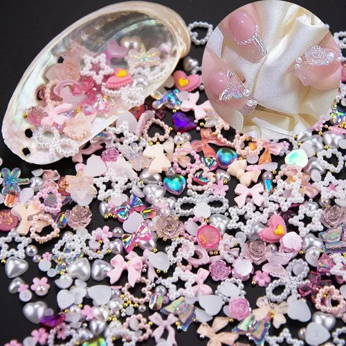 500 dijes de uñas 3D de perlas surtidas, color rosa, multiformas, corazón, flores, lazo, mezcla de lazos de estrella de corazón, perlas blancas