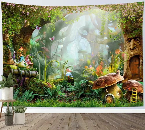 Miniatura 16 de HVEST Tapiz de bosque de cuento de hadas para colgar en la pared, estanque de lirios de agua, árboles mágicos, casas en el país de los sueños, tapiz
