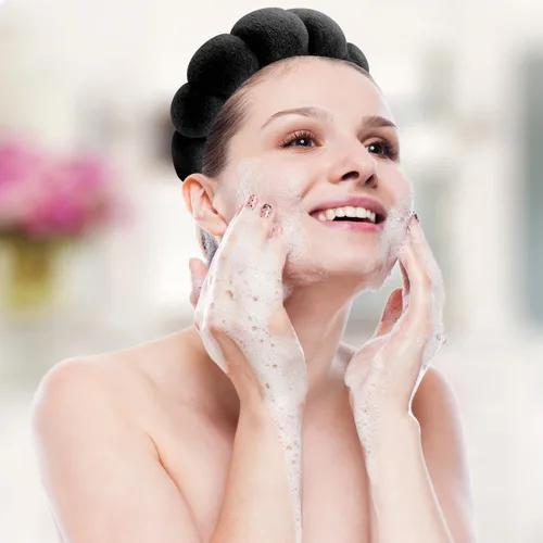 Miniatura 6 de Juego de diadema y pulsera de spa negro, kit de lavado facial de 3 piezas para cuidado de la piel y maquillaje, diadema de tela de rizo hinchada