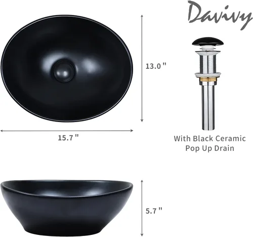 Miniatura 3 de Davivy Fregadero ovalado negro mate de 15.7 x 13 pulgadas con drenaje desplegable, fregaderos de baño sobre encimera, fregaderos de baño, fregaderos