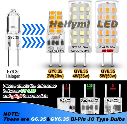 Miniatura 6 de Heifymi AC100-240V GY6.35 Bombilla LED equivalente a 5 W Halgoen JC tipo GY6.35/G6.35 base bi-pin blanco cálido 2700 K para candelabros, colgante