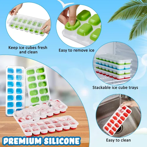 Miniatura 3 de Honeydak Paquete de 10 bandejas para cubitos de hielo con tapa extraíble resistente a derrames, bandeja flexible de 14 cubitos de hielo