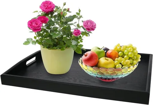 Miniatura 2 de DILLMAN Bandeja de servir grande rectangular de madera negra bandeja de comida bandeja de mayordomo bandeja de desayuno con asas (pequeña)