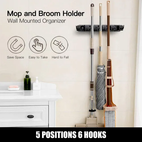 Miniatura 3 de IMILLET Soporte para trapeador y escoba, organizador de pared, estante de herramientas de almacenamiento para trapeador y escoba con 5 ranuras