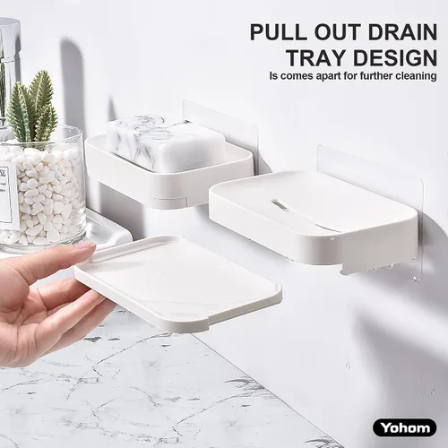 Miniatura 4 de YOHOM Jabonera adhesiva con bandeja de drenaje, barra de ducha blanca, soporte para jabón montado en la pared para baño, soporte para bandeja