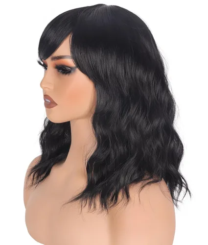 Miniatura 5 de Pelucas Bob Onduladas Negras Naturales a la Altura del Hombro Para Mujeres Pelucas Cortas Onduladas Con Flequillo Pelucas Sintéticas Onduladas