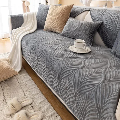 Miniatura 11 de vctops Fundas acolchadas de terciopelo súper suave para sofá y sillón, funda antideslizante para sofá seccional con patrón de hojas, forro de sofá