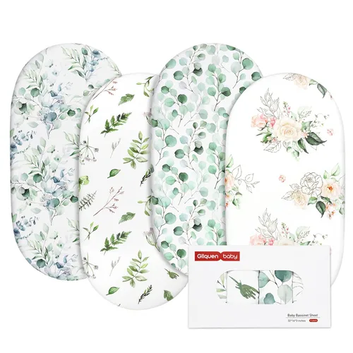 Miniatura 27 de Gllquen Baby Paquete de 4 sábanas de moisés, transpirable y acogedora, sábana bajera elástica para cuna de viaje, patrón floral de moda, sábanas