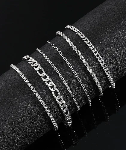 Miniatura 6 de Honsny 6 pulseras de acero inoxidable para mujeres y hombres, chapado en oro de 14 quilates, cadena de clip de eslabones cubanos delicados