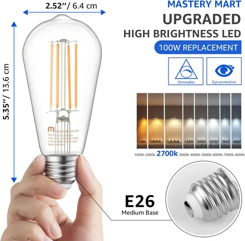Miniatura 2 de MASTERY MART Bombilla LED de 100 W, bombillas Edison, bombillas regulables E26, 2700 K, blanco suave brillante, 9 W, 1100 lúmenes, bombilla vintage