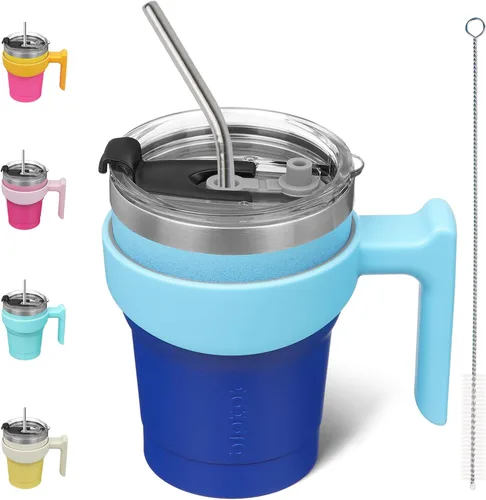 Miniatura 63 de BJPKPK Vaso con asa de acero inoxidable de 20 onzas, con aislamiento de doble pared, con tapa y pajita, color rosa claro A-rosa claro