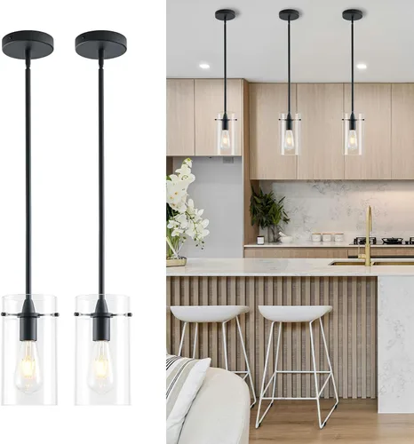Paquete de 2 luces colgantes para isla de cocina, lámparas colgantes ajustables de cristal, luces colgantes negras mate, isla de cocina, iluminación
