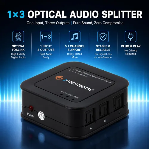 Miniatura 2 de J-Tech Digital Divisor de audio óptico 1x3, 1 en 3 salidas Toslink SPDIF Divisor de audio digital para TV, barra de sonido, cine en casa, audio