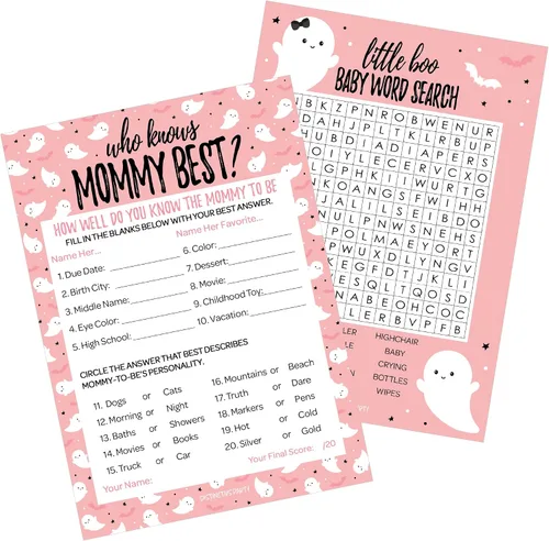 Miniatura 11 de DISTINCTIVS Blue Little Boo is Almost Due Halloween Boy Baby Shower Game Pack – 20 tarjetas de doble cara – Qué hay en tu teléfono y palabras