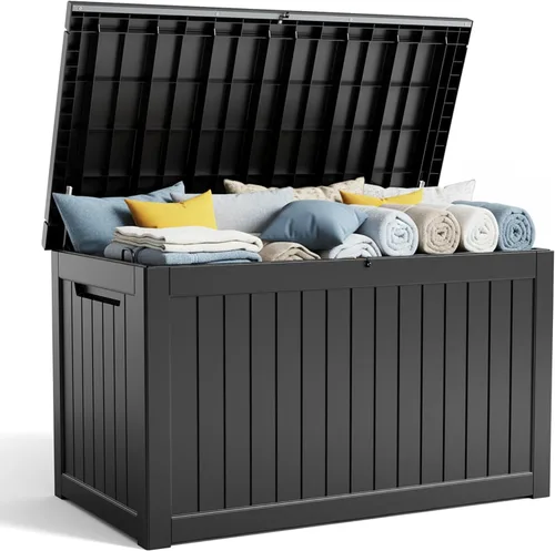 Miniatura 17 de Caja de almacenamiento para exteriores de 30 galones, impermeable, caja de resina para terraza, con cerradura, para muebles de patio, jardín