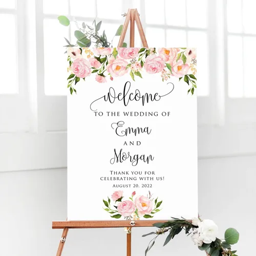 Miniatura 11 de Cartel de bienvenida de boda floral azul claro personalizado, cena de ensayo para parejas, ducha, aniversario, fiesta, póster de bienvenida, lienzo