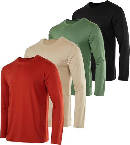 Paquete de 4 Camiseta de manga larga para hombre Dry-Fit que absorbe la humedad Camiseta Atlética con cuello redondo con protección solar