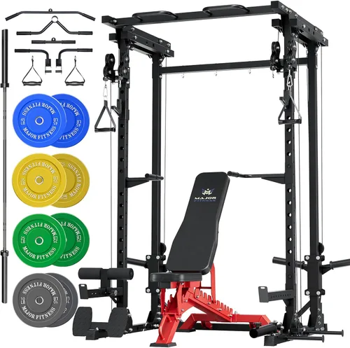 Miniatura 13 de MAJOR FITNESS Drone3 Power Rack, banco de sentadillas para gimnasio en casa de 2500lbs multifunción con sistema de polea doble, barra de tracción