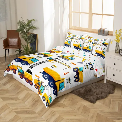 Miniatura 2 de Erosebridal Juego de ropa de cama para niños de construcción tamaño individual para niños, cubierta de edredón para camiones excavadoras, juego