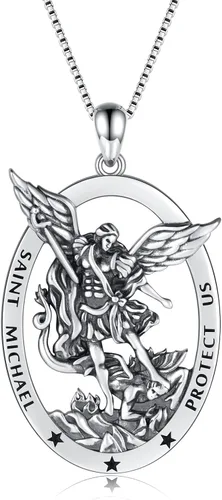 Sterling Silver Saint Christopher Micheal Virgin Mary Necklace Women Men Medal Oval-Shaped Pendant Amulet Jewelry Gift for Teen Travelers