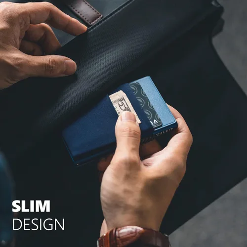 Miniatura 10 de VULKIT Billetera minimalista con ventana de identificación y bolsillo EDC con bolsillo desplegable para tarjetas de crédito y bloqueo RFID, diseño
