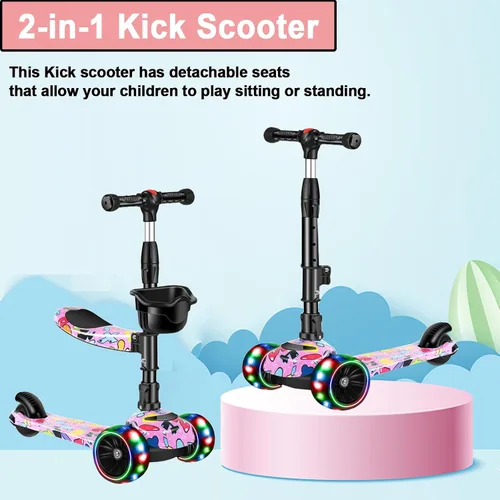 Miniatura 5 de Patinete 2 en 1 para niños de 3 a 8 años, altura ajustable, asiento extraíble, 3 ruedas de luz LED, actividades al aire libre para niños y niñas Rosa