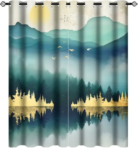 Cortinas opacas abstractas con ojales, diseño de bosque brumoso y montaña, con ojales, estilo vintage, verde natural, paisaje, geométrico, rayas