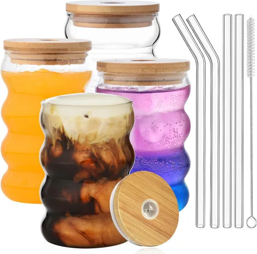 Miniatura 11 de ALINK Juego de 4 vasos de vidrio grandes de 16 oz con nervaduras, juego de vasos de vidrio vintage de cristal para café helado, vasos de vidrio