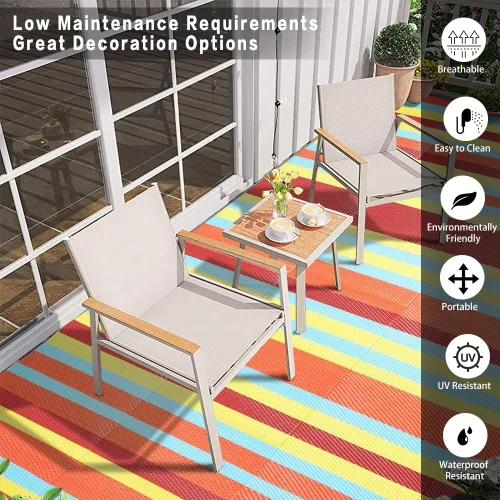 Miniatura 3 de HUGEAR Alfombra Impermeable para Exteriores 5'x8' Alfombras de Paja de Plástico Lavable Reversible Tapete de Piso a Rayas Arcoíris para Camping