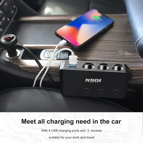 Miniatura 6 de Divisor de Encendedor de Cigarrillos, Adaptador de Coche NDDI POWER 12V/24V de 3 Enchufes con 20W PD3.0 USB-C y Tres Puertos USB QC3.0, Encendedor