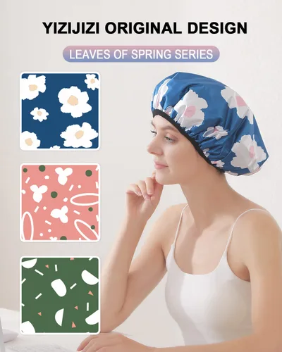 Miniatura 4 de YIZIJIZI Gorro de ducha con forro de rizo, gorro grande de tres capas para mujer, gorro de ducha reutilizable e impermeable, para cabello largo