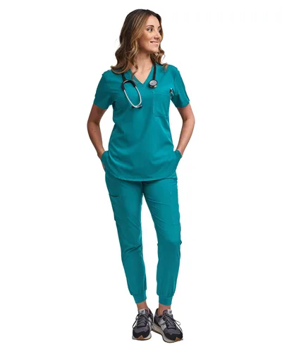 Miniatura 6 de Green Town Conjunto de ropa quirúrgica para mujer, pantalón deportivo y parte superior con cuello en V, 5 bolsillos, cintura de yoga, uniforme