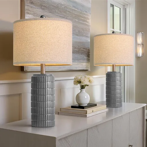 Miniatura 3 de PoKat Juego de 2 lámparas de mesa de cerámica gris oscuro de 23 pulgadas para sala de estar, lámparas de noche modernas para dormitorio, lámpara