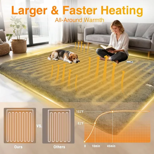 Miniatura 6 de Alfombra Eléctrica Calefactora de 8x10 pies, Alfombra de Calefacción de Felpa Suave para Suelo, Alfombra Gaming con Controlador Inalámbrico y Gris