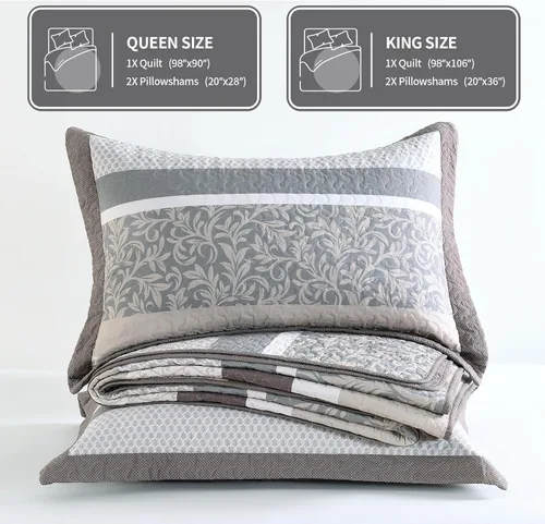 Miniatura 6 de KALOOLA Colchas de granja tamaño Queen – Juego de ropa de cama acolchado ligero 100% algodón, 3 piezas, colcha botánica a rayas estampada con 2