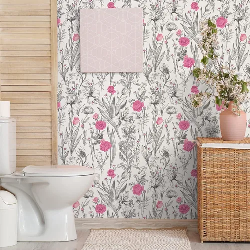 Miniatura 5 de VEELIKE Papel tapiz de dibujo floral gris para despegar y pegar, papel tapiz de flores rosas de 17.7 x 118 pulgadas, papel de pared botánico vintage