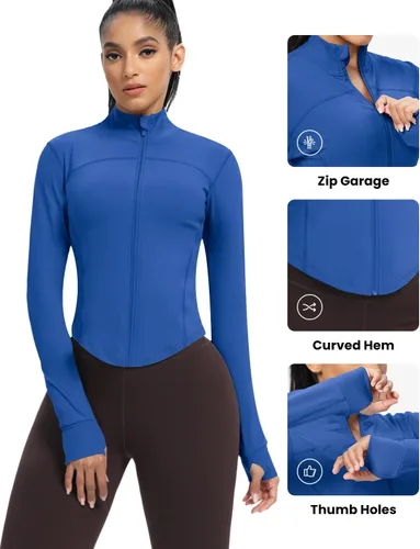 Miniatura 104 de AVGO Chaquetas de entrenamiento recortadas para mujer, con cremallera, ajustadas, atléticas, con agujeros para el pulgar