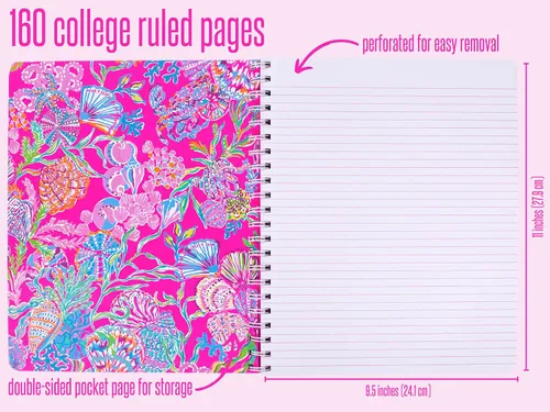 Miniatura 2 de Lilly Pulitzer Cuaderno grande de espiral de tapa dura rosa, 11 x 9.5 pulgadas con 160 páginas con rayas universitarias, Shell Me Something Good