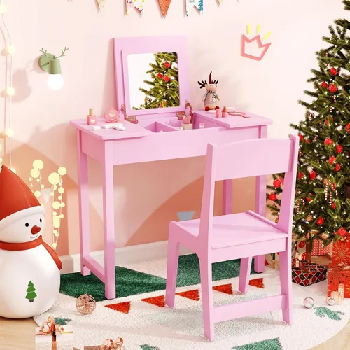 Miniatura 11 de HONEY JOY Tocador para Niños, Mesa de Maquillaje para Niños Pequeños con Espejo y Taburete, Tocador de Madera de Juego de Simulación para Niñas