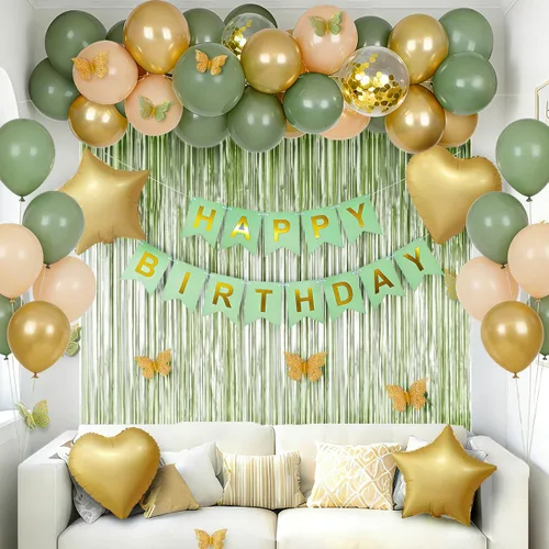 Miniatura 2 de Decoraciones de cumpleaños verde salvia con pancarta de feliz cumpleaños, cortinas, globos de corazón y estrella, decoración de mariposa y luz LED