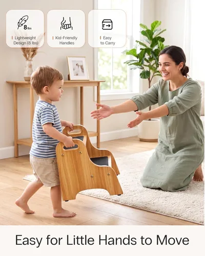 Miniatura 5 de StrongTek Taburetes de madera de 2 escalones para niños, superficie antideslizante segura con asas, capacidad de 350 libras, taburete portátil
