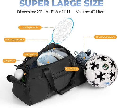 Miniatura 5 de Bolsa de gimnasio grande para mujer con compartimento para zapatos bolsa deportiva de 40 L para hombres con bolsillo húmedo bolsa de lona ligera