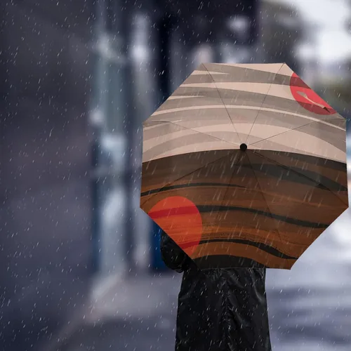 Miniatura 3 de WSSBK Paraguas automático de color marrón degradado para lluvia y sol, hombre y mujer, sombrilla plegable con estampado de atardecer