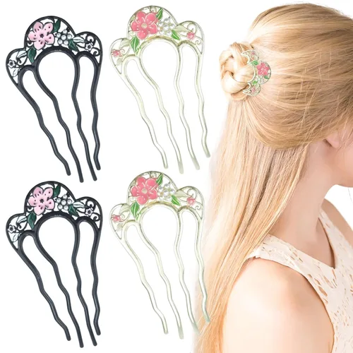 Miniatura 8 de Paquete de 4 horquillas para el cabello retorcidas de perlas, peines laterales en forma de U de perlas, palillos de pelo de 4 puntas, pinzas