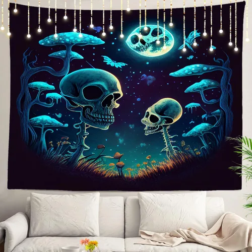 Miniatura 53 de Shrahala Tapiz de pared divertido de Halloween, castillos, calabazas, murciélagos, bosques, niebla, para colgar en la pared, tapiz grande de fibra