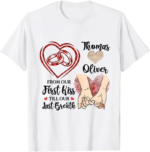 Camiseta personalizada para pareja amante de él y ella desde nuestro primer beso, anillo de pareja mano en mano, regalos personalizados con nombre