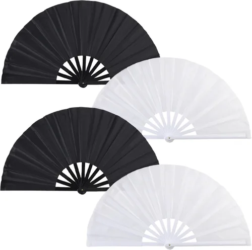 Miniatura 9 de Paquete de 4 ventiladores de mano plegables grandes, ventiladores plegables de mano de plástico, ventiladores chinos de Kung Fu plegables para Negro