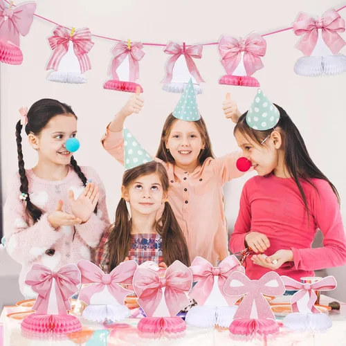 Miniatura 5 de 12 centros de mesa de nido de abeja con lazo rosa, decoración de cumpleaños con temática de coqueta, decoraciones de fiesta de lazo para cumpleaños